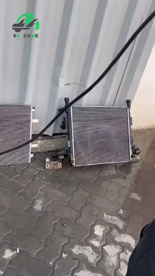 Still from the radiator cleaning video: a radiator and condenser out of the car before washing